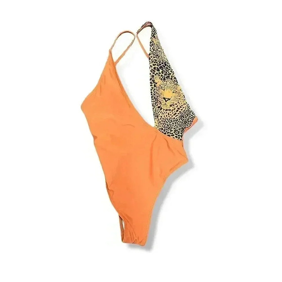 🌟 One Shoulder Cut-out Leopard One Piece Swimsuit Orange Women's Size S 🌟 - Picture 3 of 6